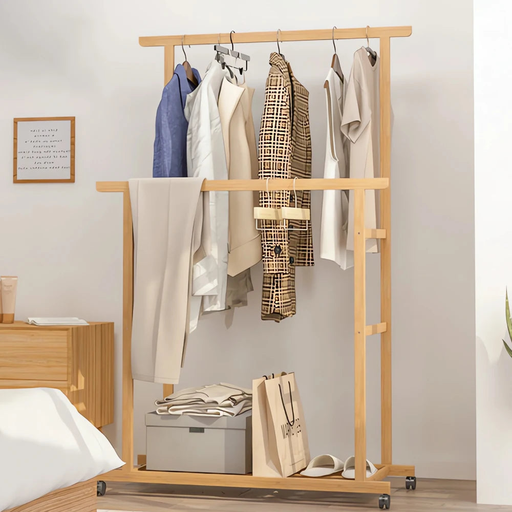 Bamboo Rolling Clothes Rack with Double Rails and Shelf Portable Open Wardrobe Storage