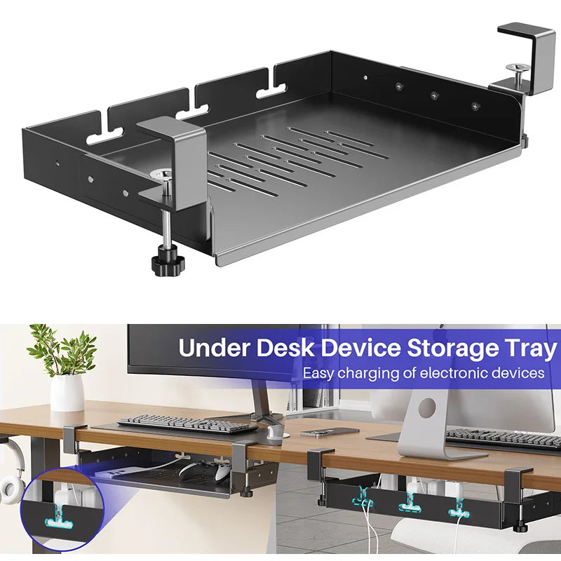 Under Desk Storage Tray No Drill Metal Laptop Mount Cable Management Organizer Rack