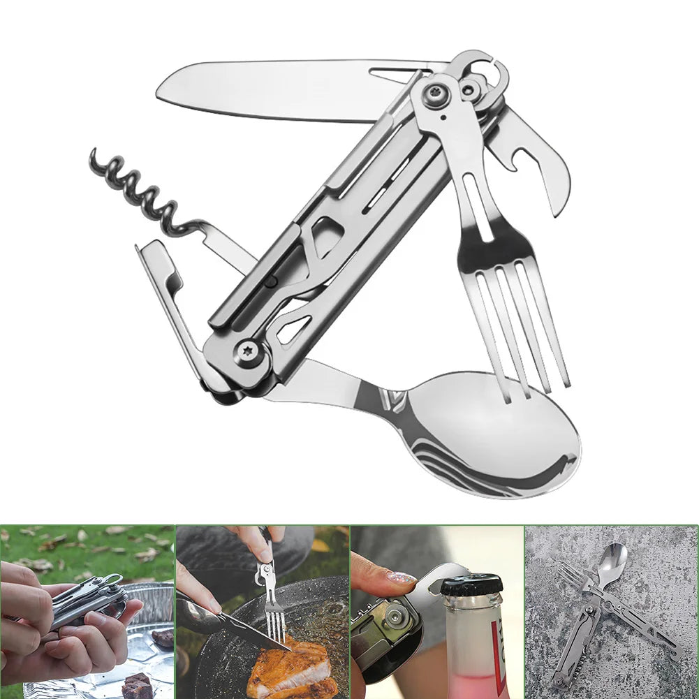 1 pc 6 in 1 Multifunctional Cutlery Set Outdoor Tableware Camping Portable Meal Knife Fork Spoon Bottle Outdoor Camping Cookware