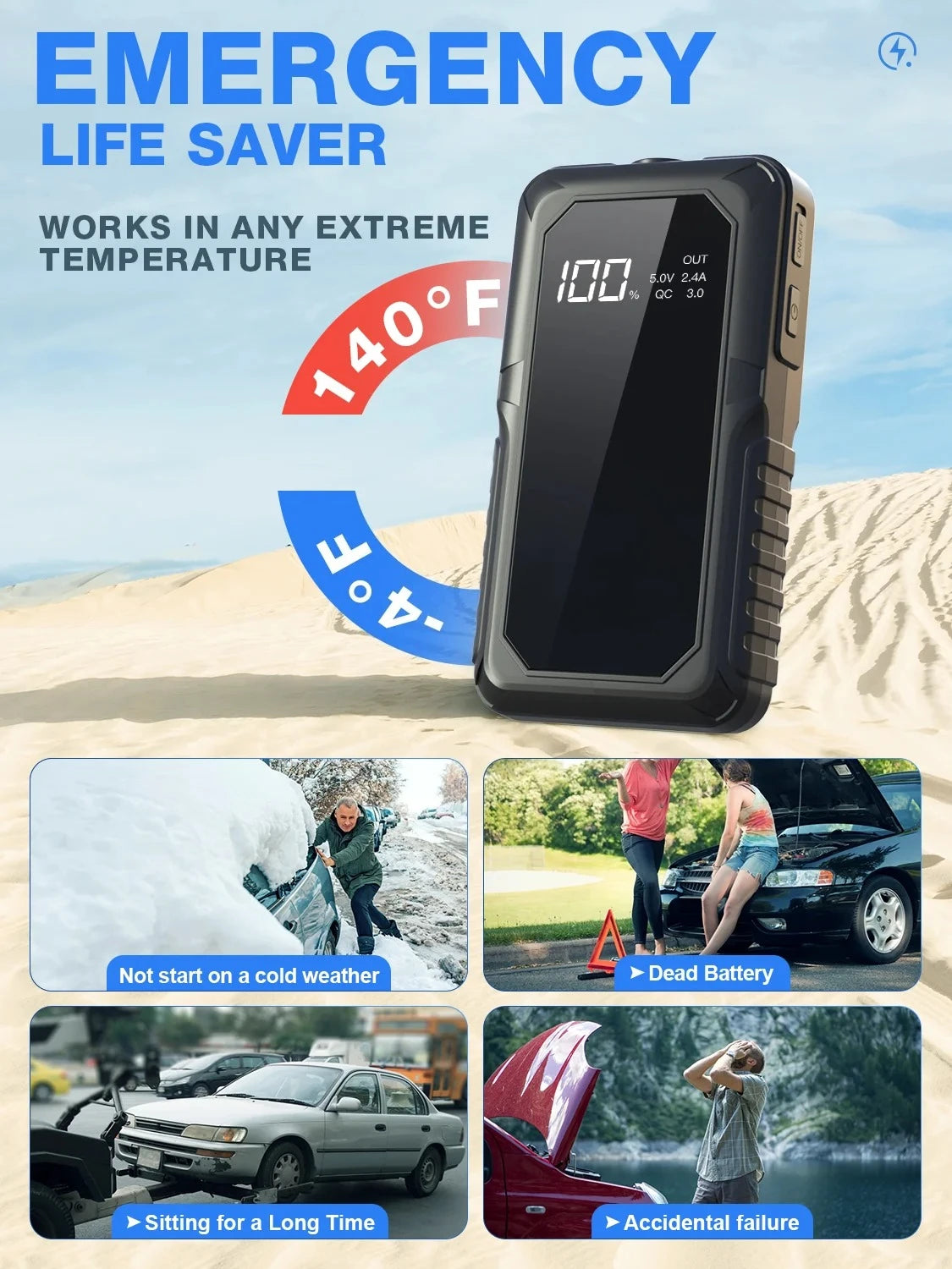 Portable 2000A Jump Starter 12V with Wireless Charging Rechargeable Battery Booster