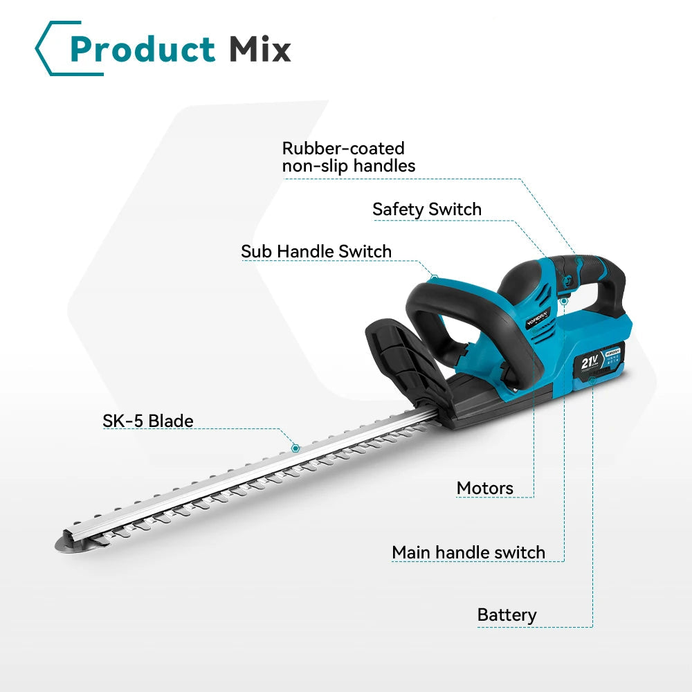 Cordless Electric Hedge Trimmer 51 cm Dual Blade Garden Shrub Cutter for 21 V Rechargeable Battery