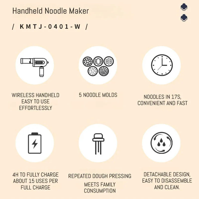 Portable Rechargeable Electric Pasta Maker 200g Automatic Handheld Noodle Extruder 40W