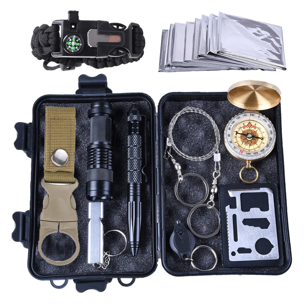 Portable Emergency Survival Tool Kit with Compass Flashlight Multi Tool Set Camping Hiking Travel Gear