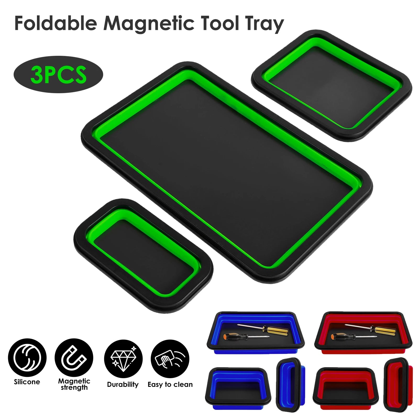 3-Piece Foldable Silicone Magnetic Parts Tray for Hardware Storage and Workshop Use