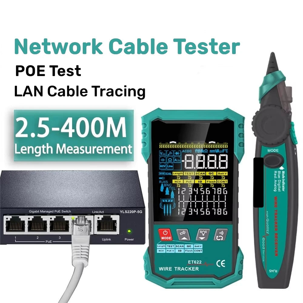 Network Cable Tester and Wire Tracker with Color Display POE Detection Breakpoint Testing and 7 ID Modules