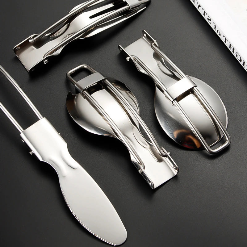 Portable 3-Piece Stainless Steel Camping Cutlery Set with Storage Box Foldable Outdoor Tableware