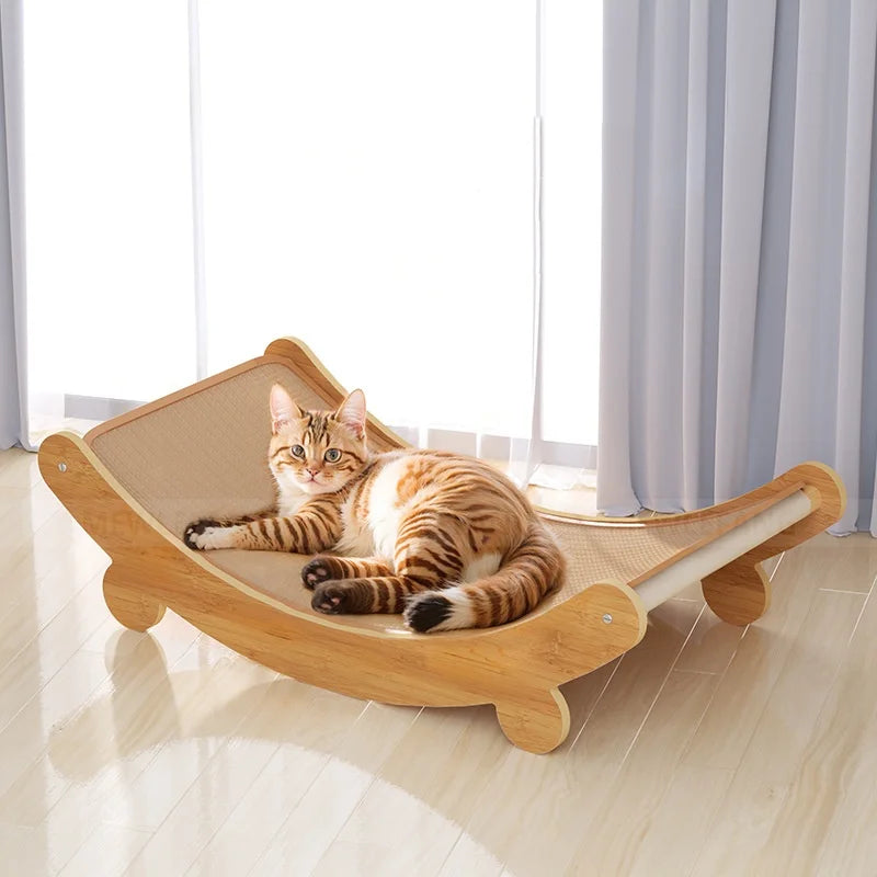 Cat Scratcher Rocking Bed Wooden Curved Hammock with Scratching Surface
