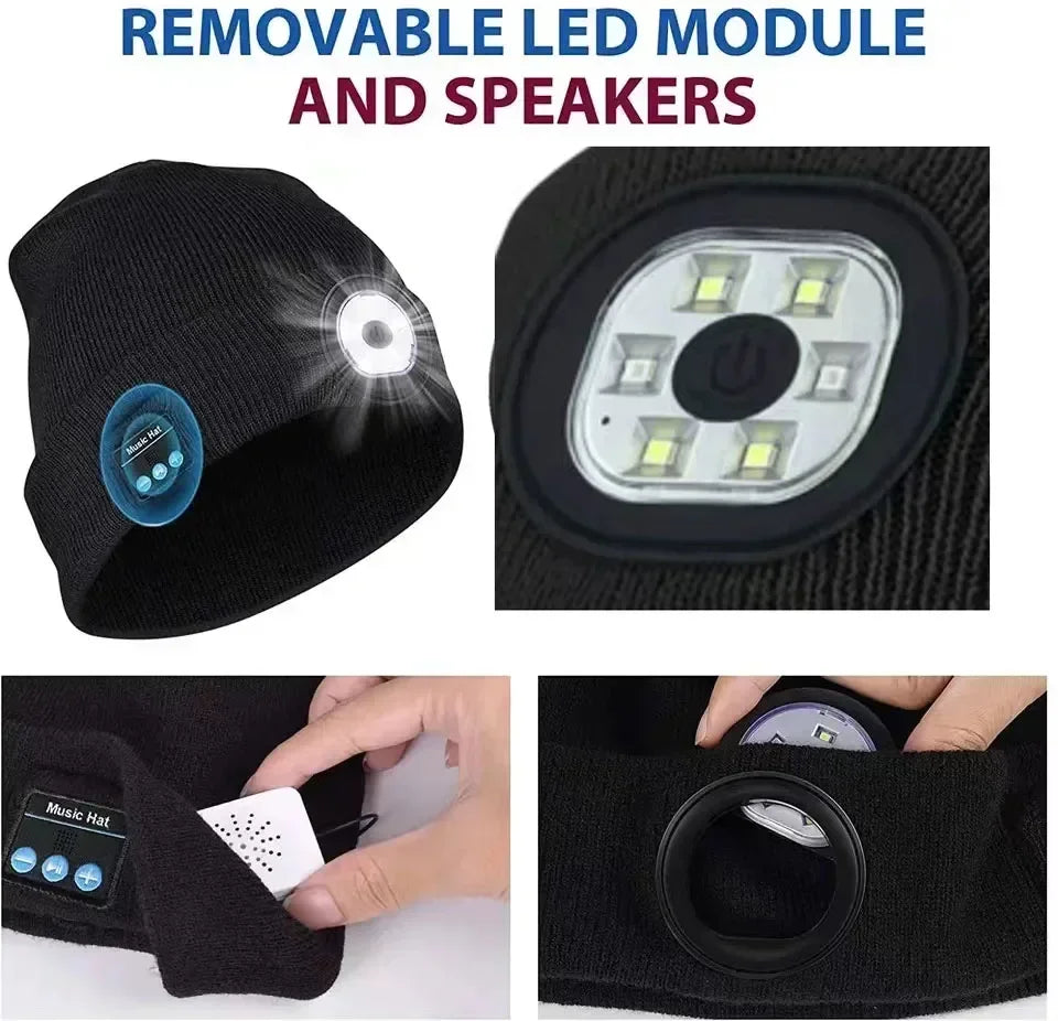Rechargeable Bluetooth Beanie Hat with LED Light and Built in Stereo Speakers Hands Free Audio