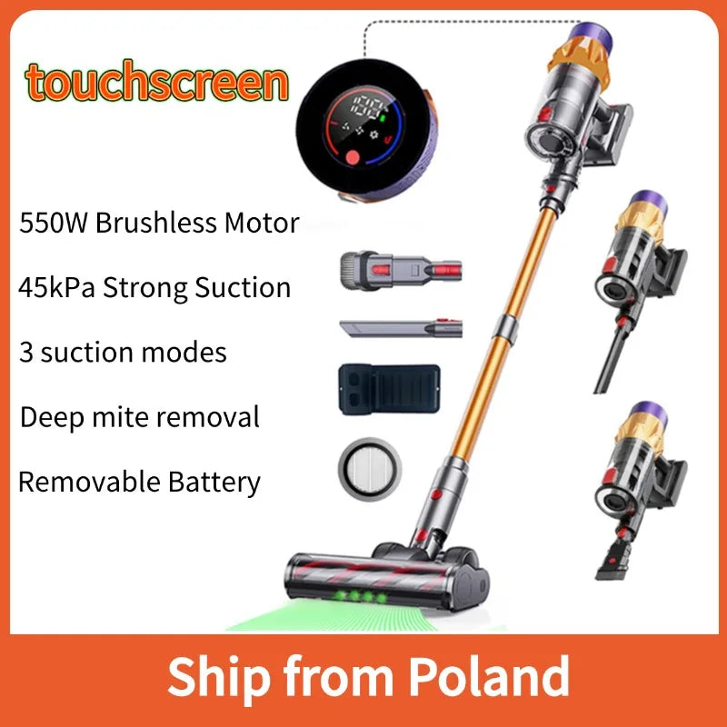 Cordless Vacuum Cleaner 550W 45kPa Rechargeable Stick and Handheld Vacuum with LED Floor Brush