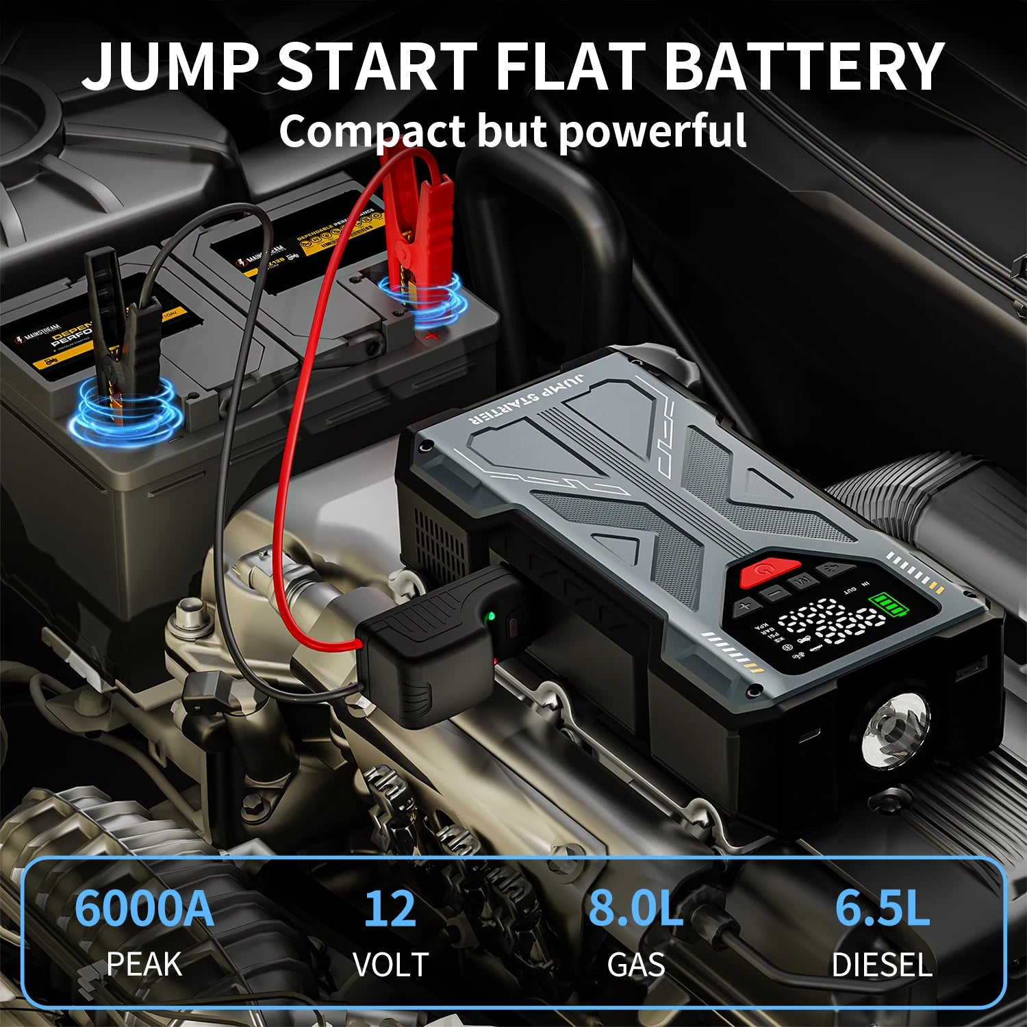 2-in-1 Jump Starter 6000A with Air Compressor Portable 12V Battery Booster and Inflator