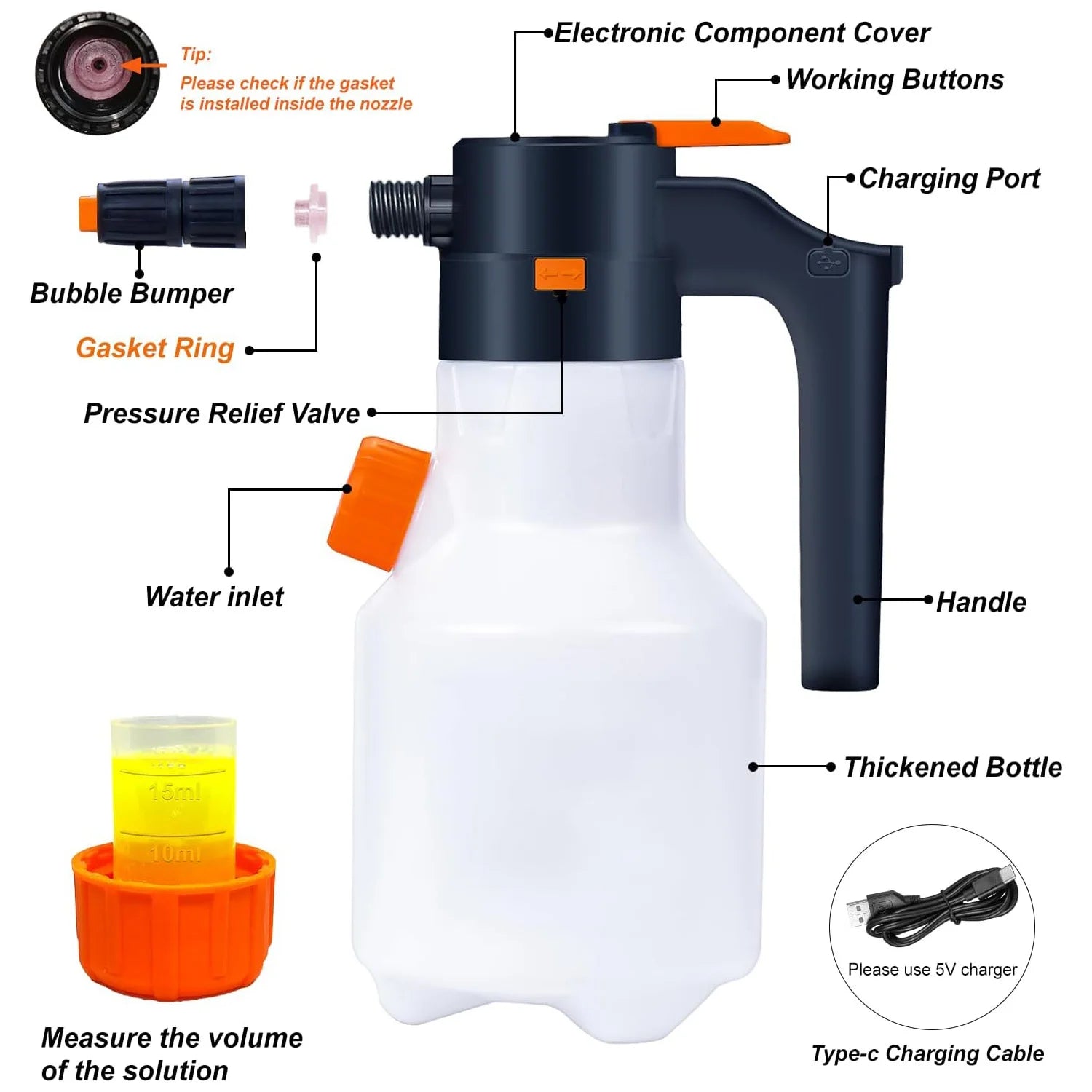 Portable Cordless Electric Foam Sprayer 2L 8 Bar Rechargeable Cleaning Washer Bottle
