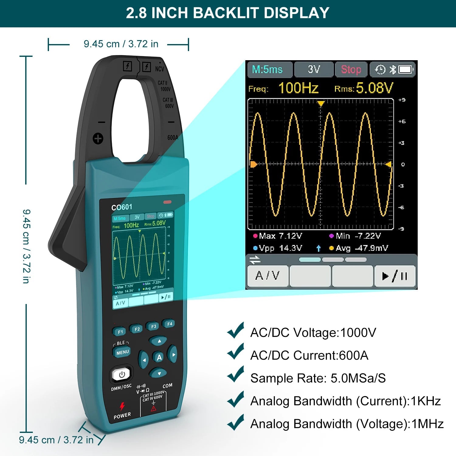 Digital Clamp Meter with Oscilloscope – AC/DC Voltage & Current Tester, Bluetooth Data Logging