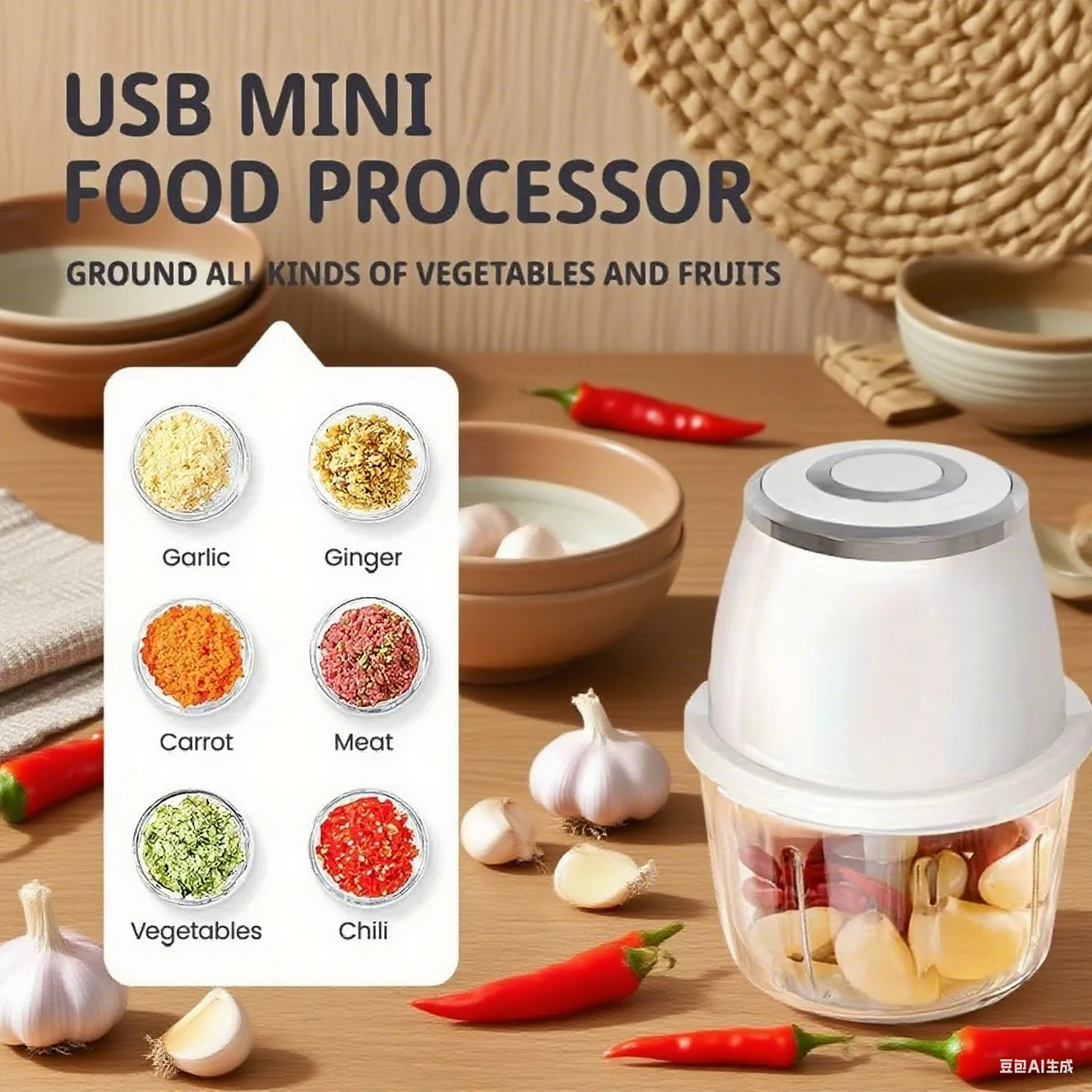 Electric Food Processor 350ml USB Rechargeable Mini Vegetable Chopper with 6 Stainless Steel Blades