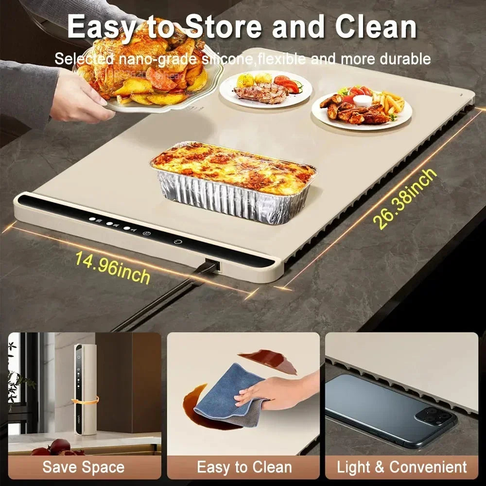 Portable Electric Food Warming Tray 67 x 38cm Foldable Silicone Heating Mat with 3 Temperature Levels