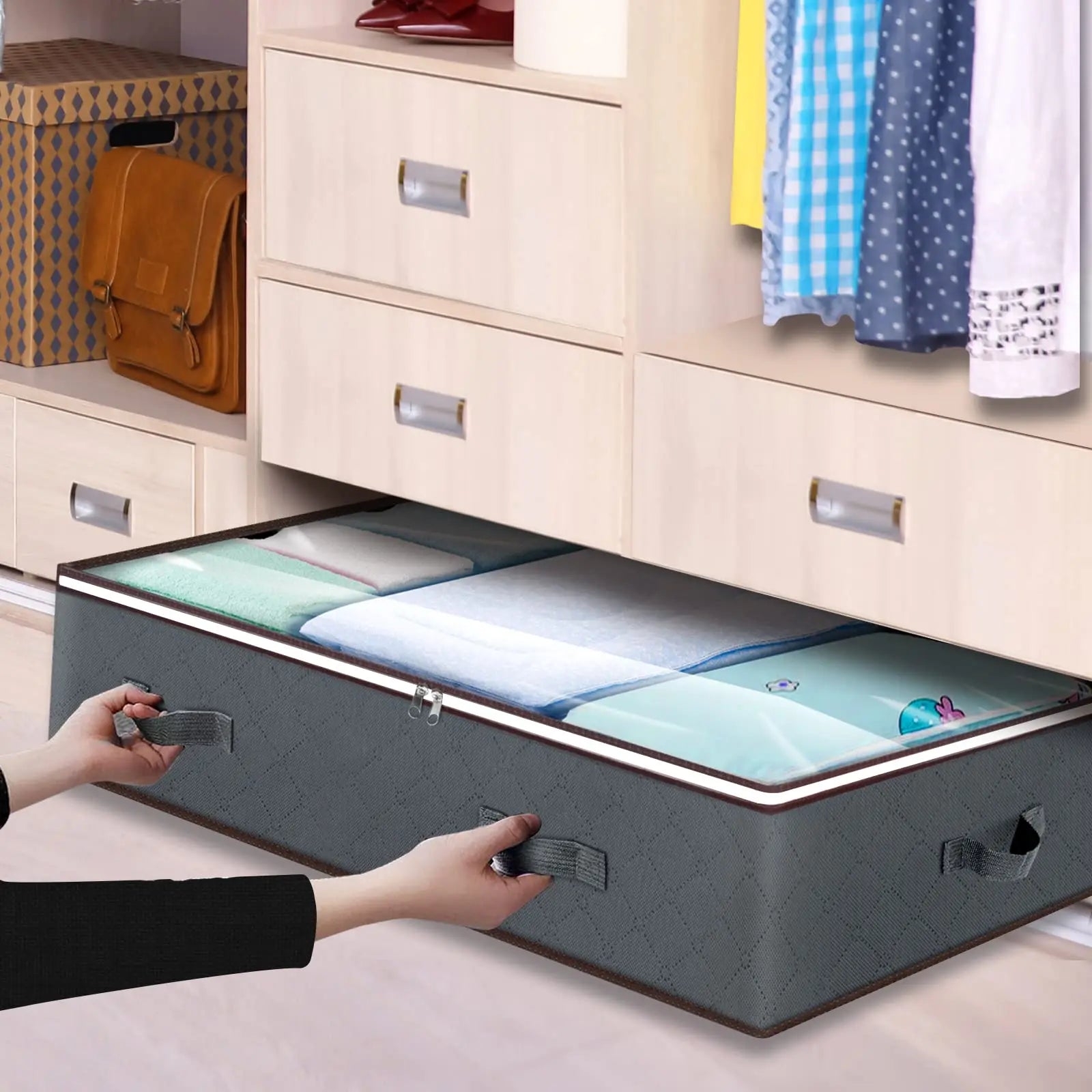 Large Capacity Under Bed Storage Bag Foldable Clothes Organizer with Clear Window Non-Woven Fabric