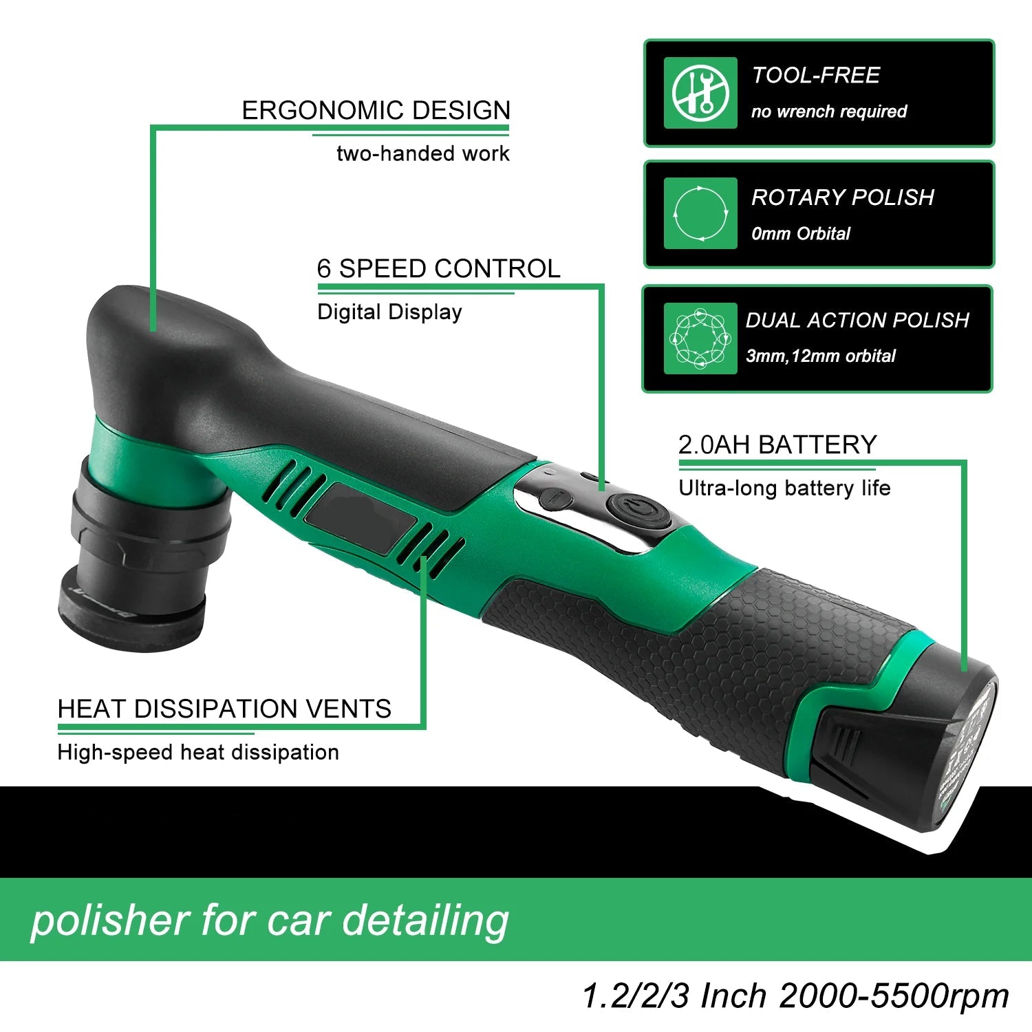 Portable Cordless Car Polisher 12V 2000-5500RPM Mini Buffer Kit with Pads Battery and Charger