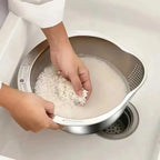 Stainless Steel Rice Washing Bowl with Integrated Strainer Colander for Rice Fruit and Vegetable Washing