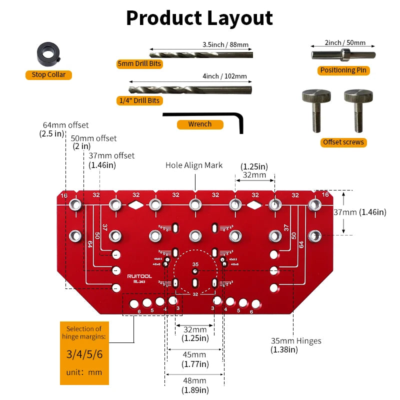 Heavy Duty Aluminum Alloy Shelf Pin Drilling Jig with Hinge Positioning Guide for Cabinet Work