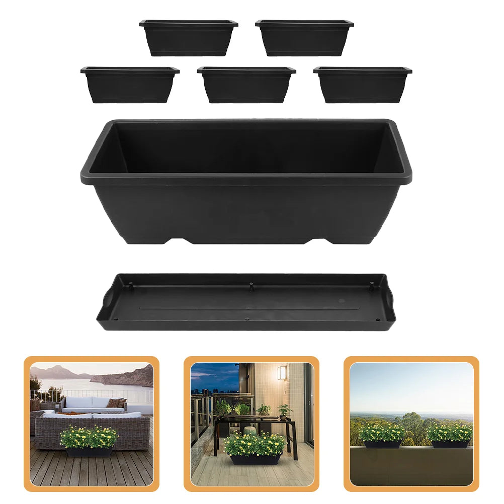 6 Piece Rectangular Plastic Planter Boxes with Drainage Trays for Indoor Outdoor Windowsill Garden Plants