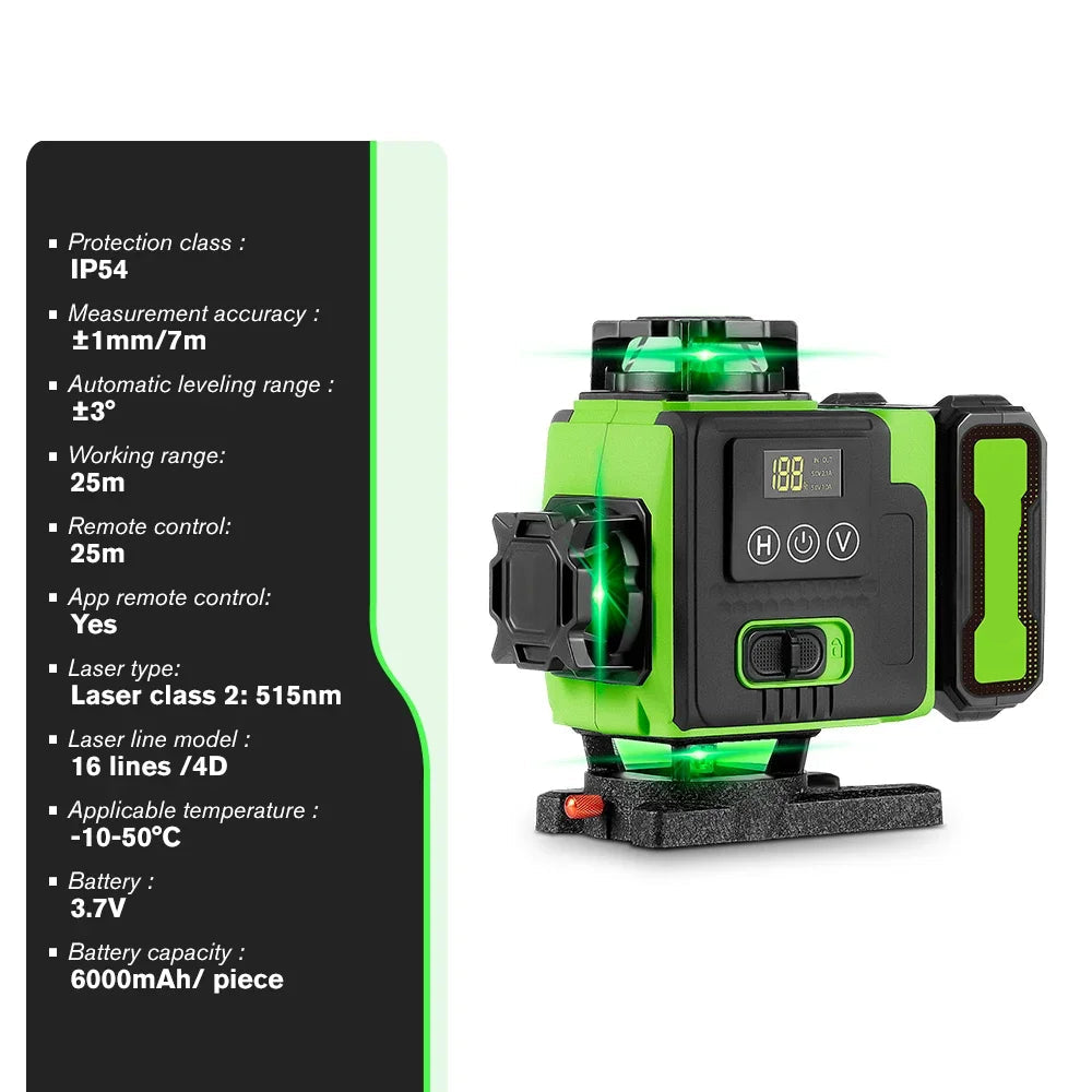 Rechargeable 16 Line Laser Level with APP Remote, Power Display and Adjustable Tripod