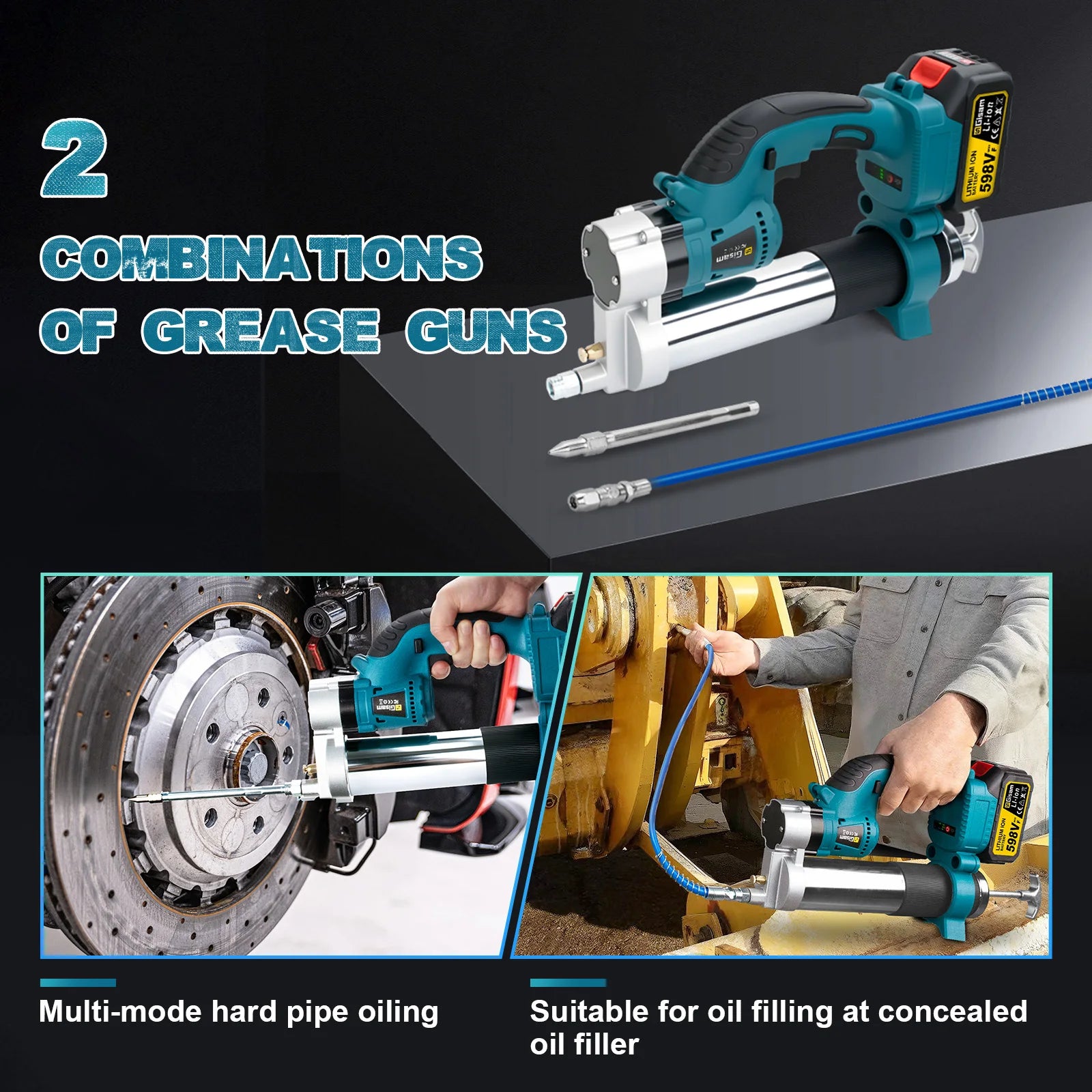 Cordless Brushless Electric Grease Gun 960W 69MPa High Pressure Lubrication Tool with Work Light