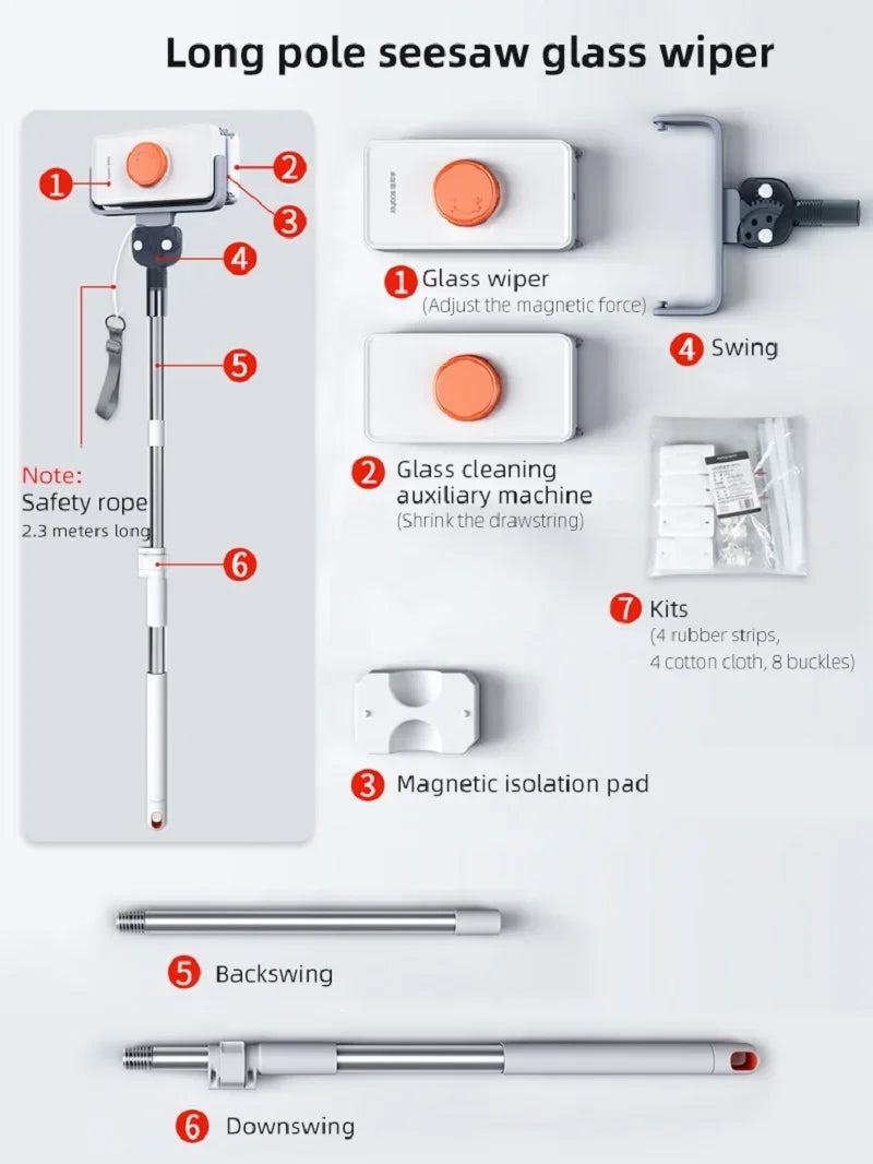 Double-Sided Magnetic Glass Cleaner with Adjustable 5-35mm Telescopic Rod