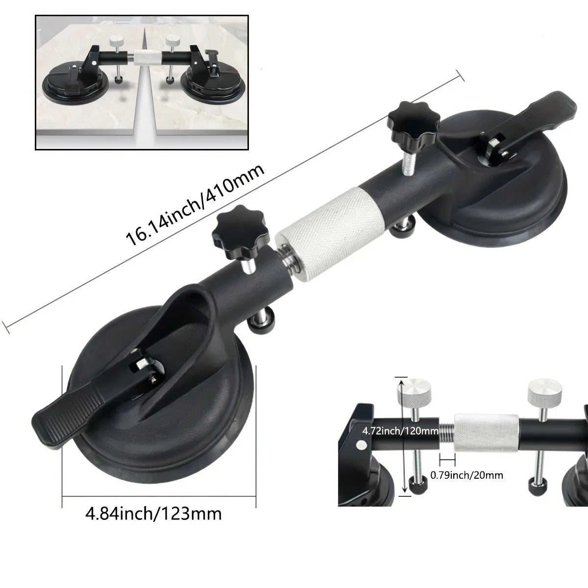 Portable Aluminum Alloy Dual Suction Cup Glass Lifter 41cm for Tile Mirror and Panel Handling