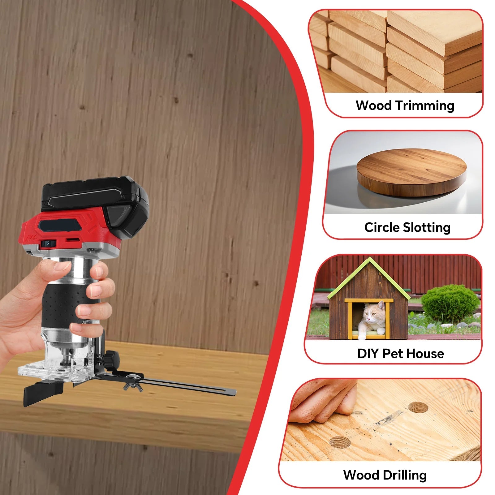 Cordless Wood Router 800W Brushless 30000RPM 5-Speed 18V Trimmer with 5 Router Bits