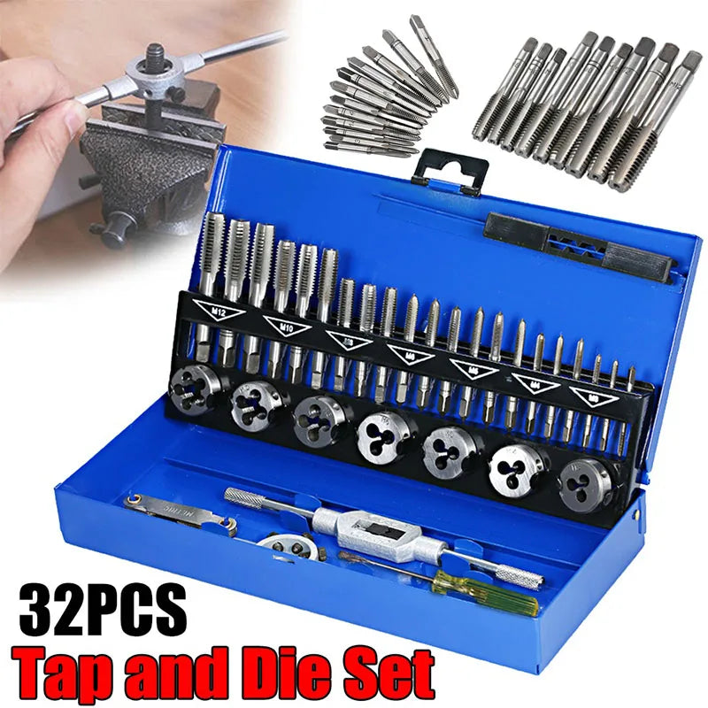 Tap and Die Set 32 Piece Metric Threading Tool Kit with Wrenches Pitch Gauge and Metal Case