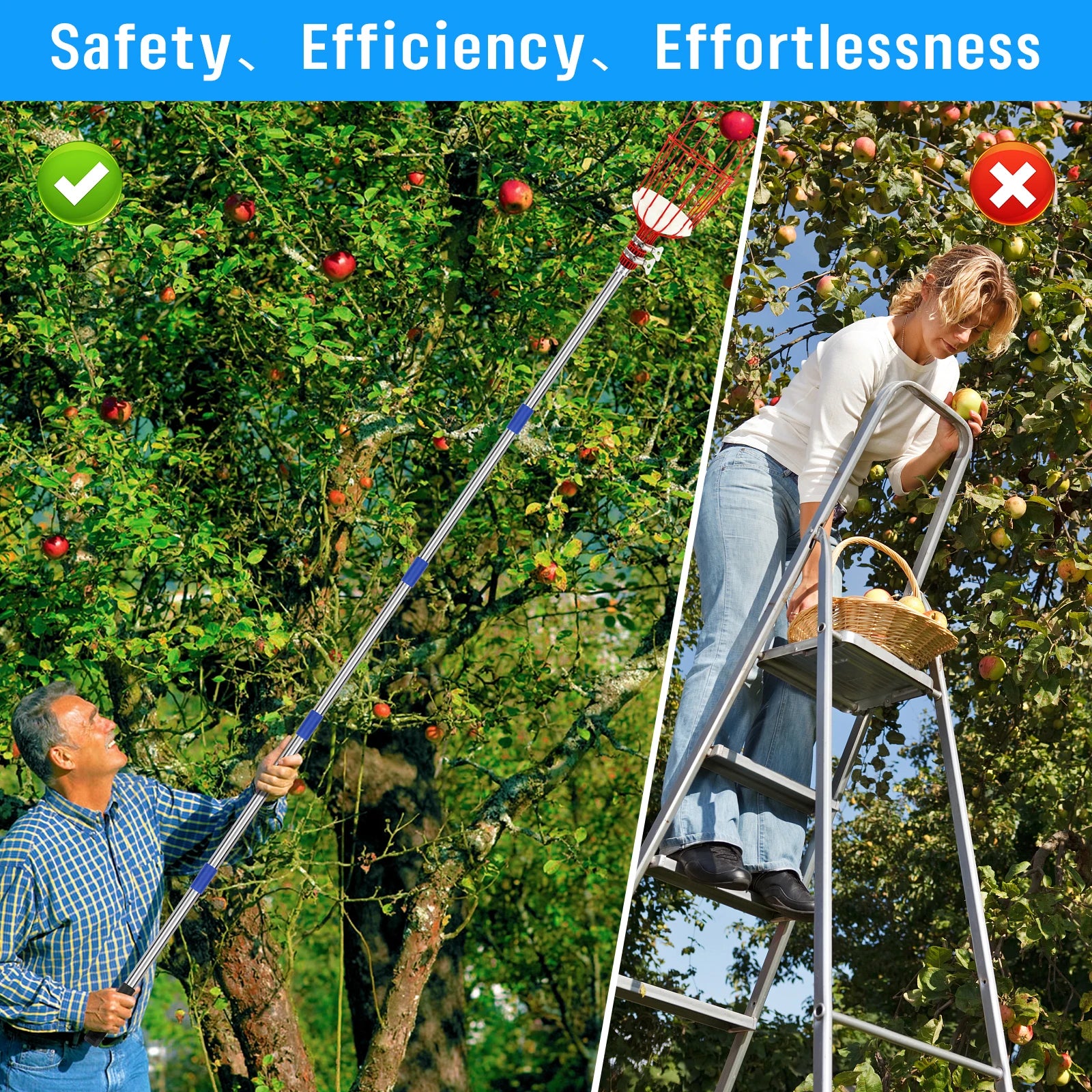 Heavy Duty 13FT Telescopic Fruit Picker Pole with Basket for Apple Mango and Tree Fruit Harvesting