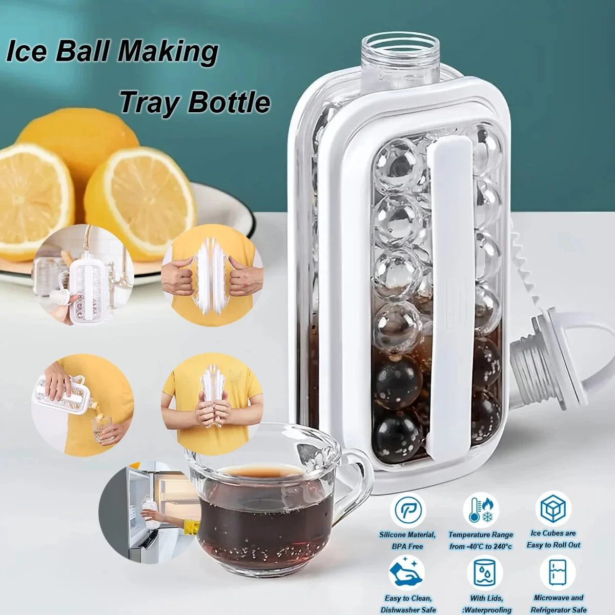 Portable 2-in-1 Ice Ball Maker Bottle with 17 Ice Cube Mold Tray for Whiskey and Cold Drinks