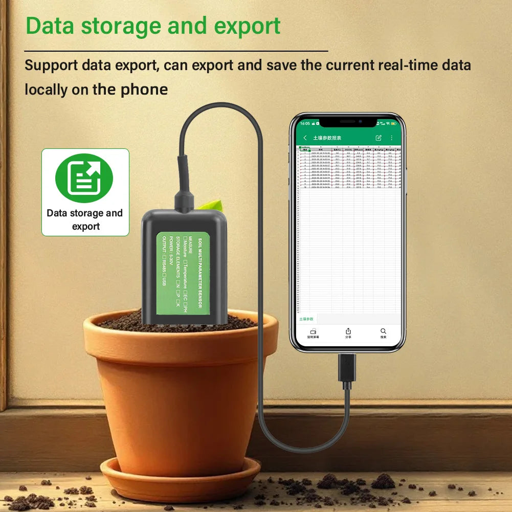 Smart 5-in-1 Soil Sensor with USB Data Logger and App Monitoring for Garden and Farm Soil Testing