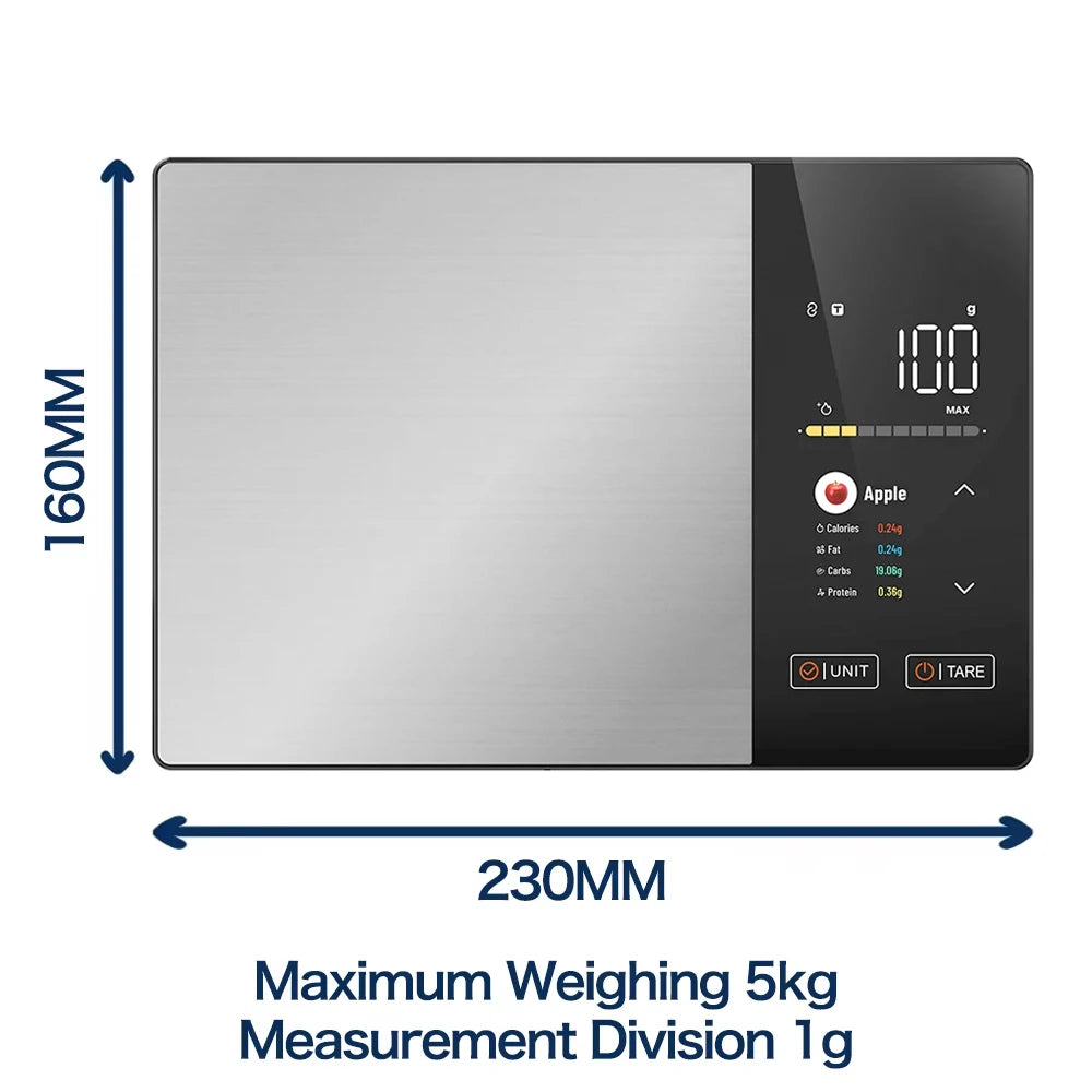 Digital Kitchen Food Scale with Nutritional Calculator LED Display 5kg Capacity Stainless Steel Surface