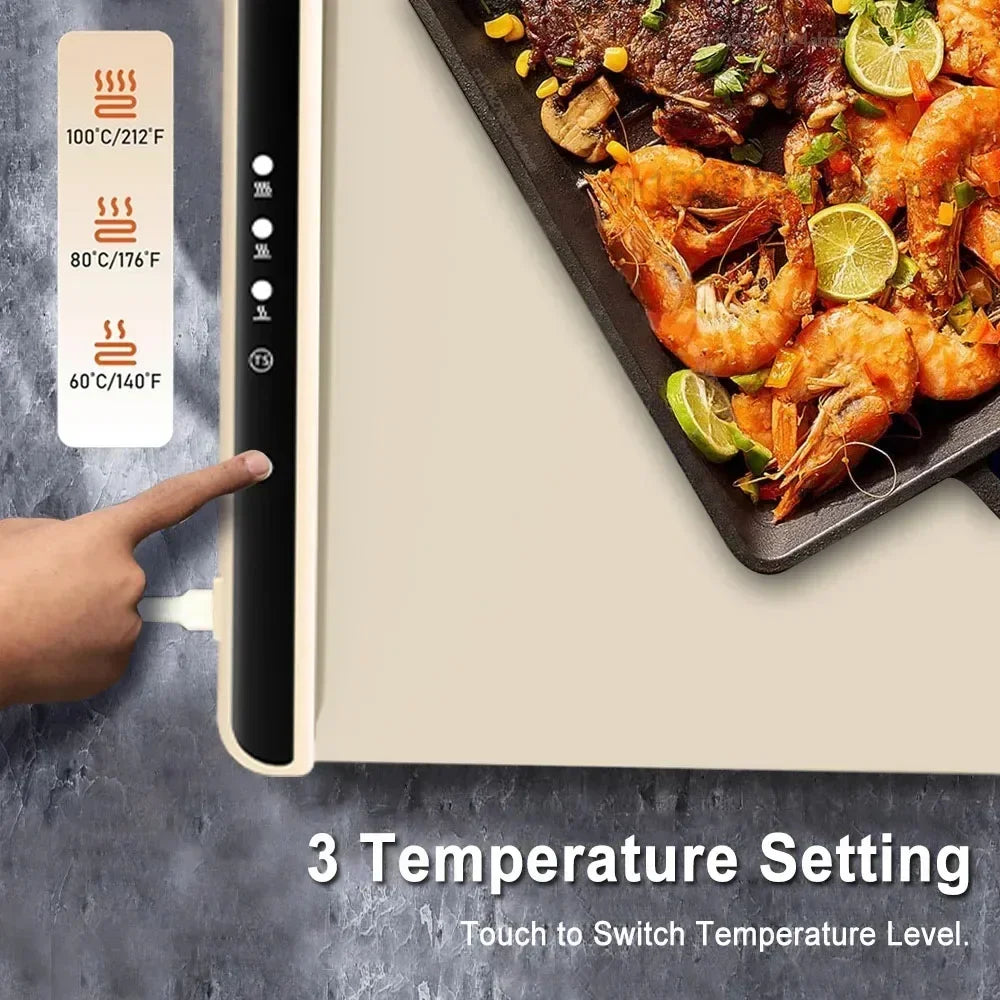 Portable Electric Food Warming Tray 67 x 38cm Foldable Silicone Heating Mat with 3 Temperature Levels