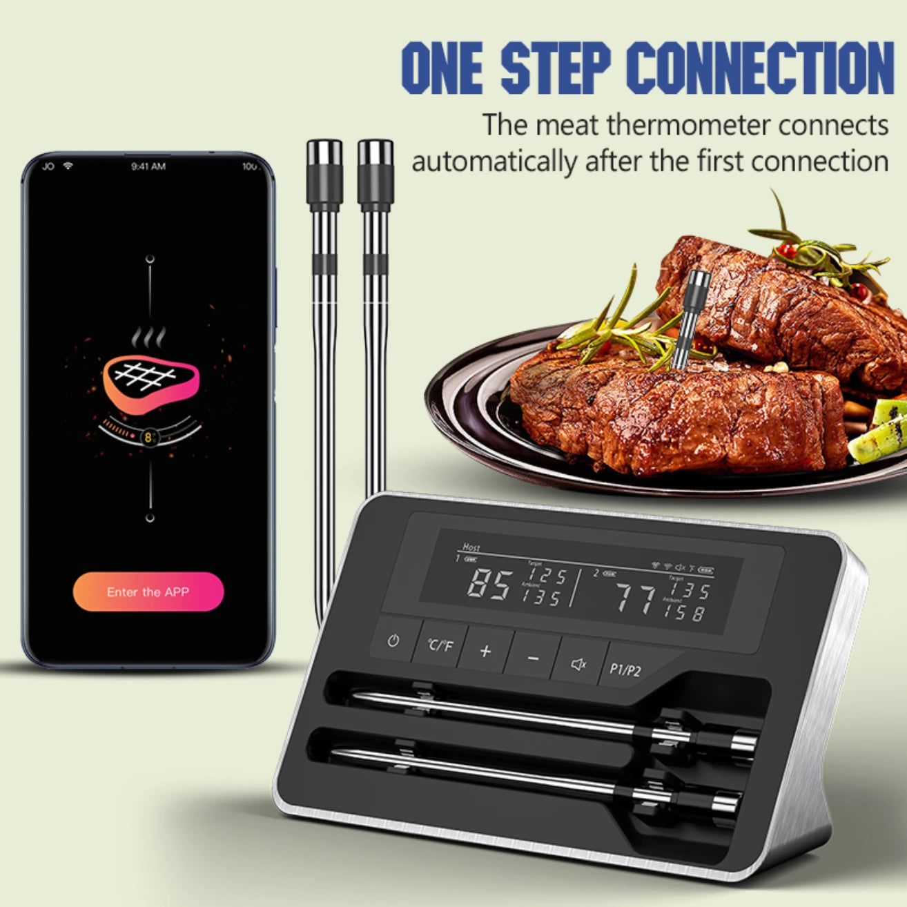 Smart Wireless Meat Thermometer with Bluetooth and LCD Display for BBQ Grill Oven Cooking