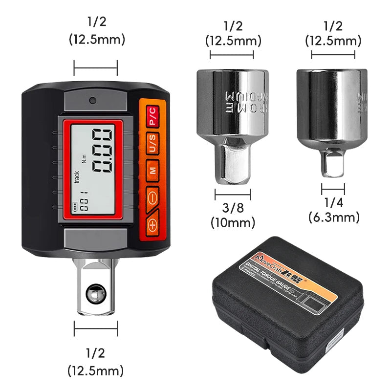 Digital Torque Adapter 1.27cm Drive with 3/8in and 1/4in Adapters for Vehicle and Workshop Repairs