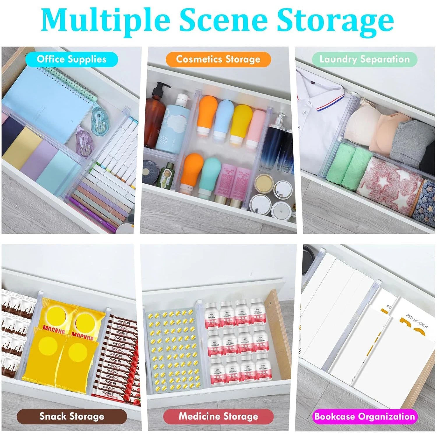 Adjustable Drawer Organizers 10 Pack Clear Expandable PS Plastic Storage Dividers for Dressers and Kitchen Drawers