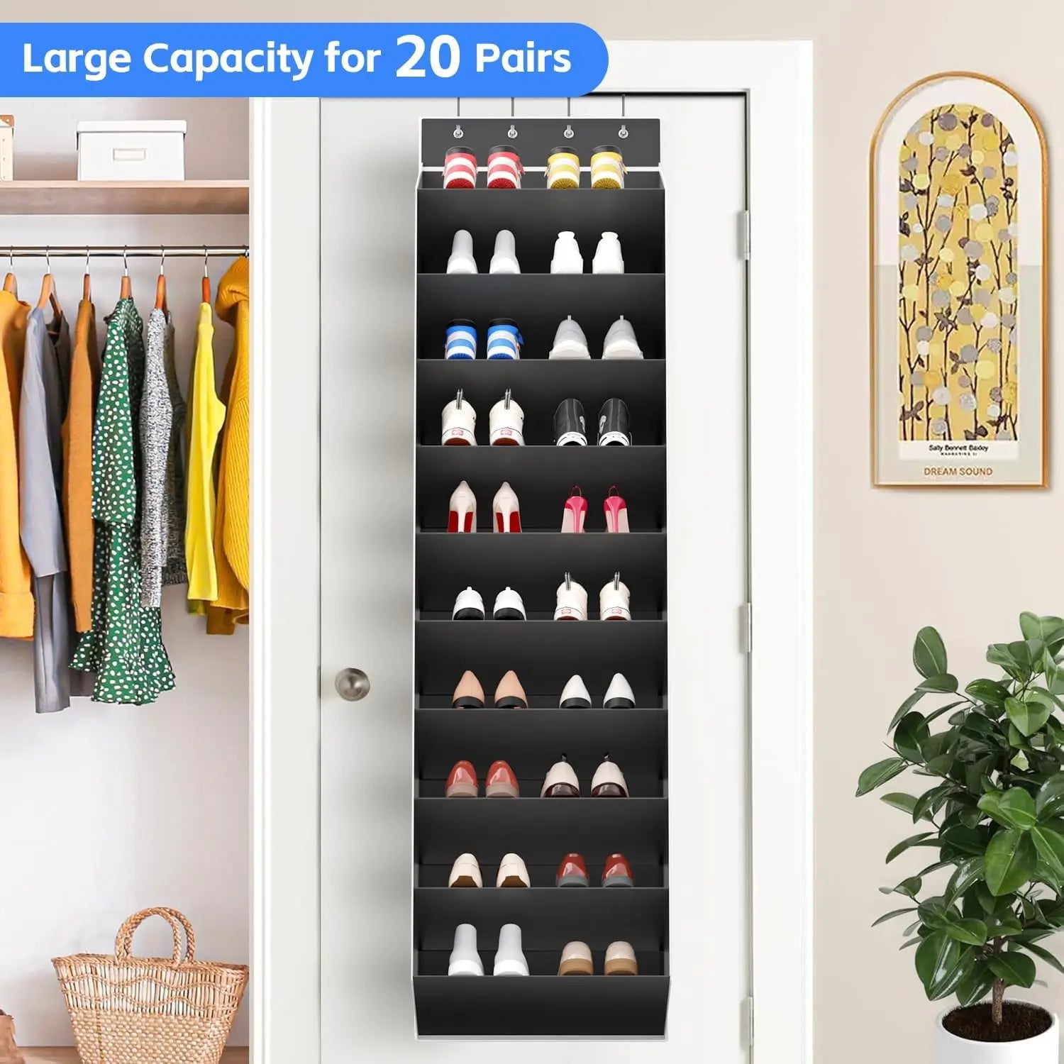 Heavy Duty Over Door Shoe Organizer 10 Tier Hanging Storage Rack with Large Pockets for Closet