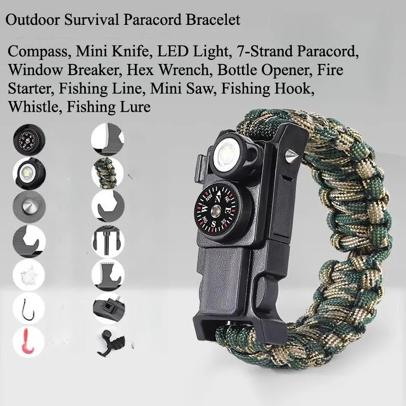 Paracord Survival Bracelet 13-in-1 Outdoor Multi Tool with LED Light Compass and Fire Starter