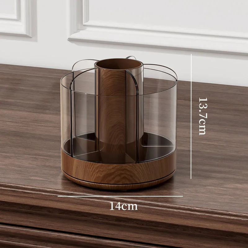 Rotating Makeup Brush Holder with 6 Compartments Acrylic Cosmetic Organizer and Wooden Base