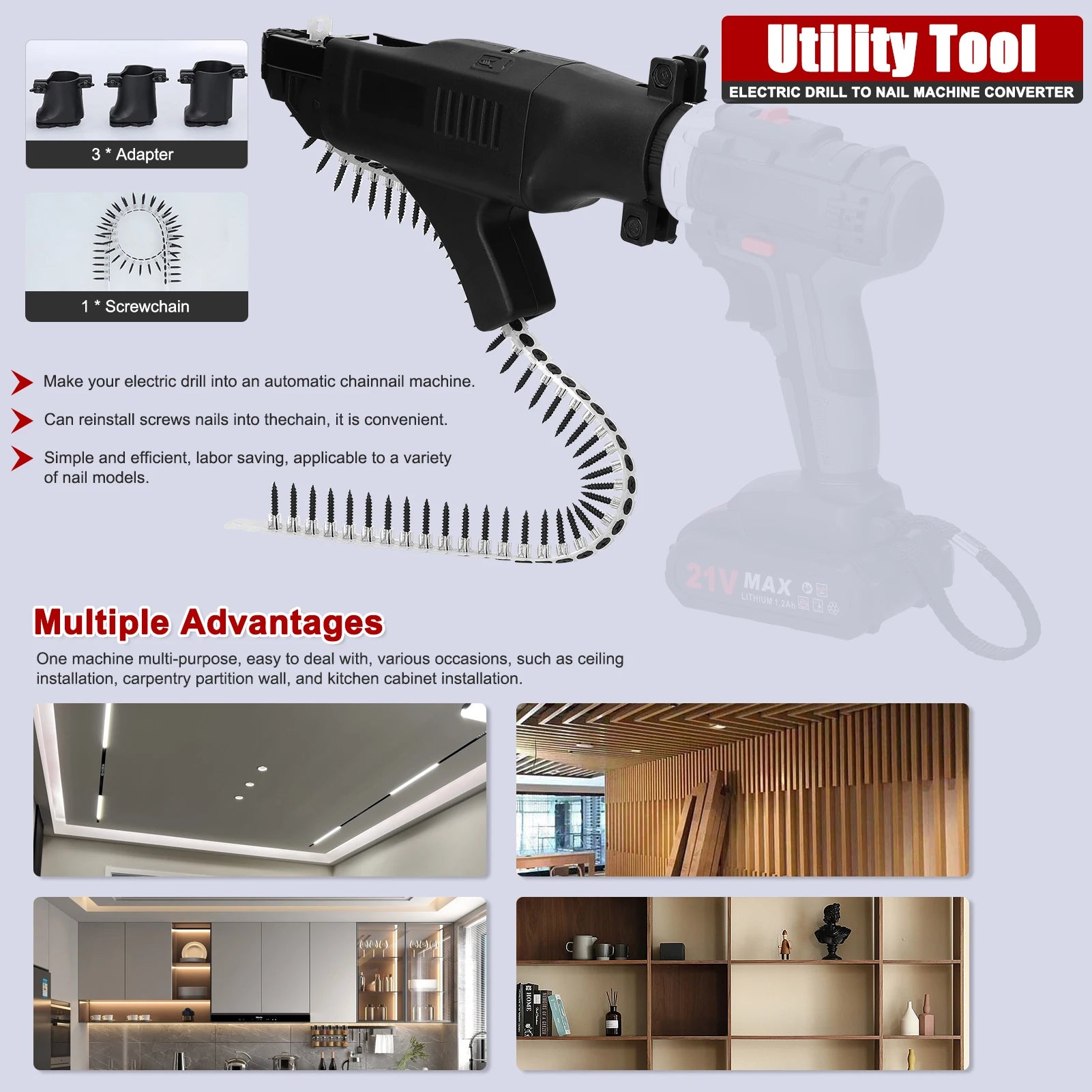 Cordless Drill Chain Screw Feeder Converter with Automatic Screw Feeding and Adjustable Depth Control