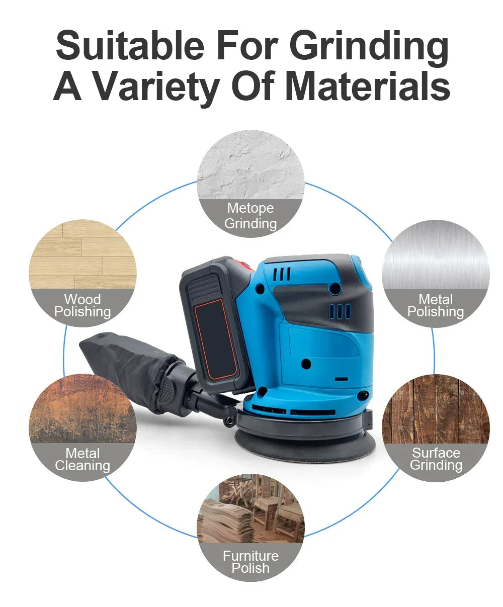Cordless Random Orbital Sander Polisher 125mm Brushless 6-Speed 12000RPM for 18V Batteries