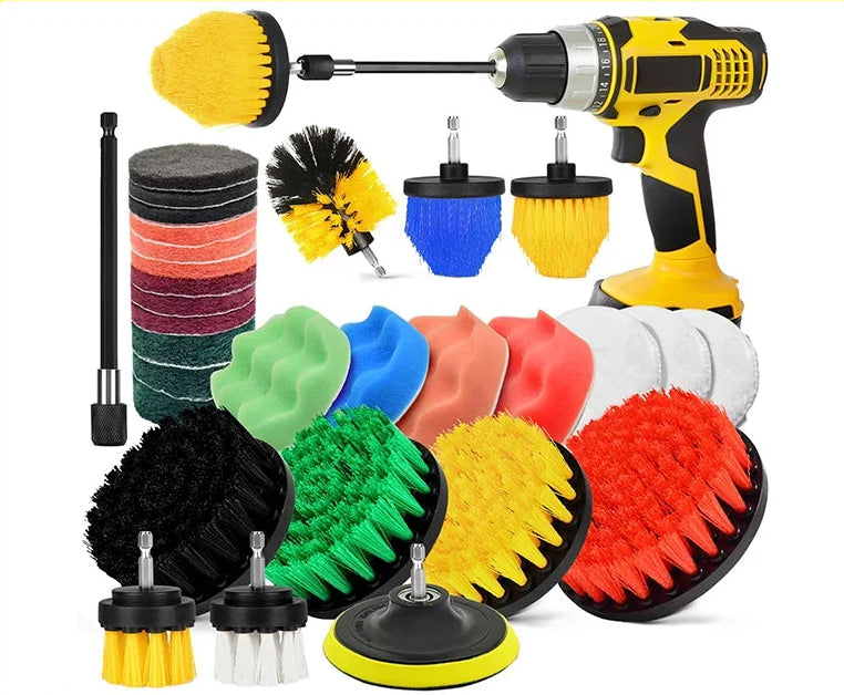 31 Piece Drill Cleaning Brush Attachment Set with Scouring Pads, Sponge Pads & 15cm Extension Shaft