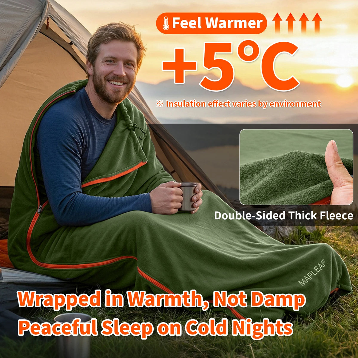Fleece Camping Liner with Full Zipper Convertible Blanket Drawstring and Carry Bag