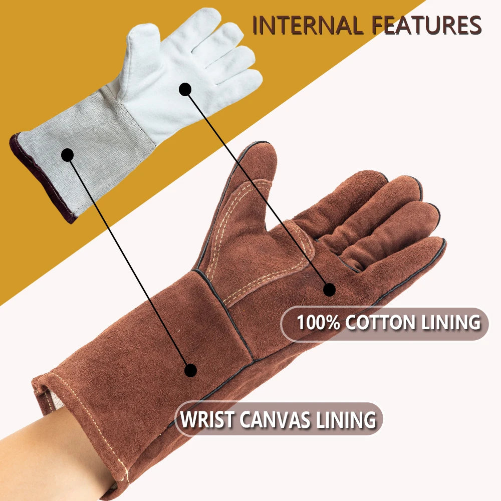 Leather Work Gloves Heavy Duty Cow Split Leather 35cm Welding BBQ Oven Workshop Gloves Pair
