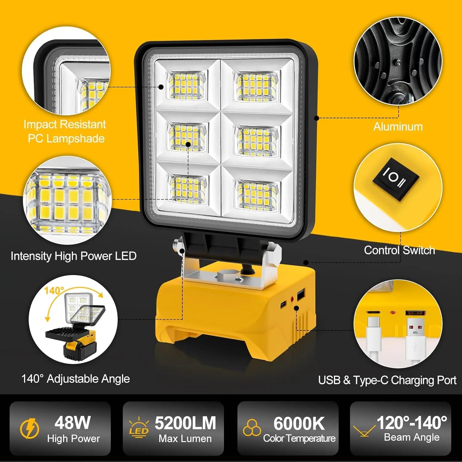 Portable 5200LM Cordless LED Flood Work Light 48W Rechargeable Job Site Lamp with Adjustable Base