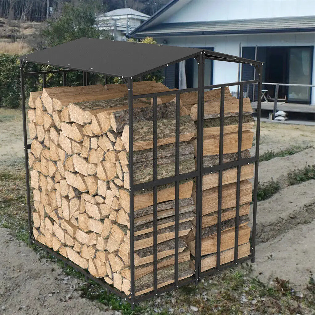 Outdoor Metal Firewood Storage Rack with Top Cover Heavy Duty Log Holder Stand