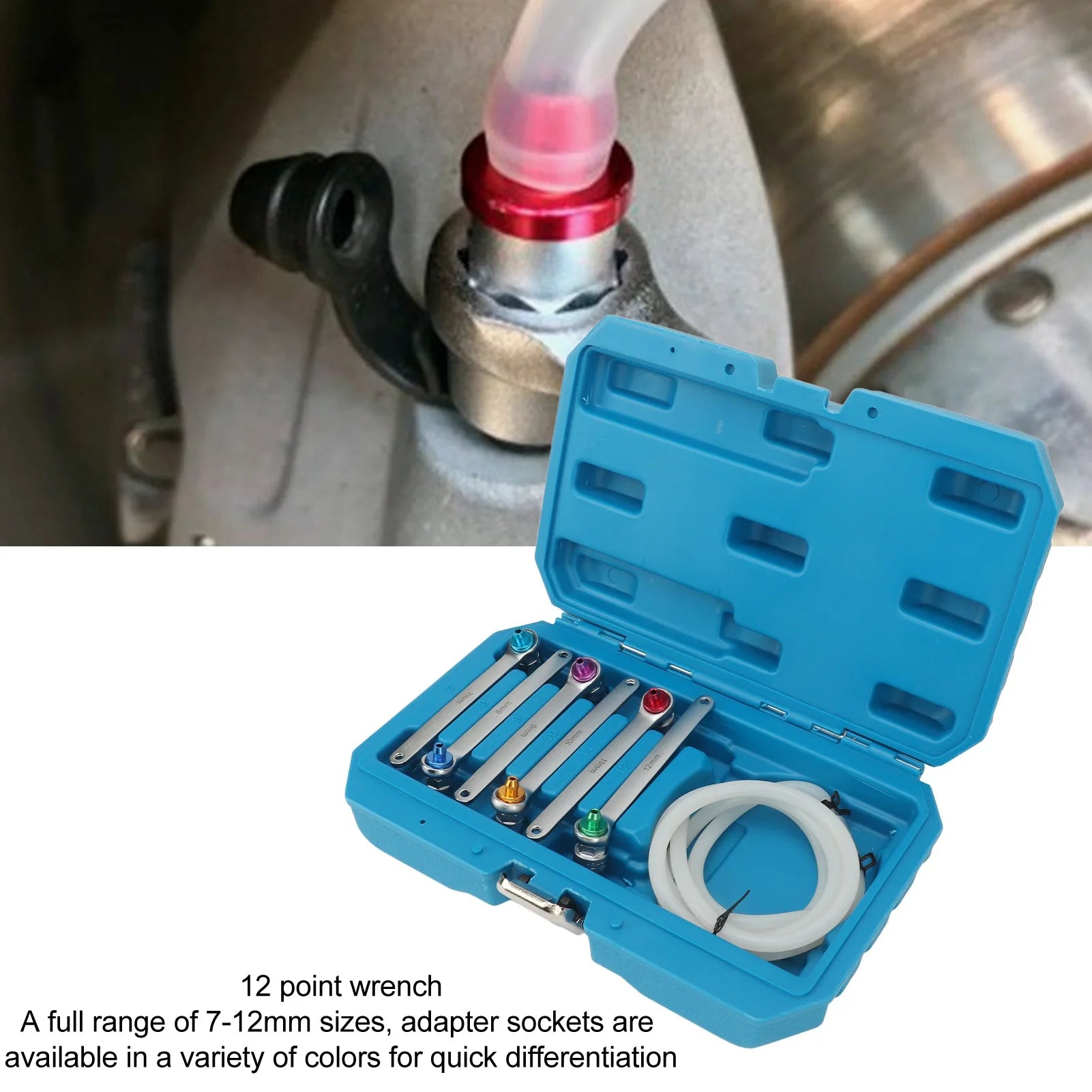 Heavy Duty 7-Piece Brake Bleeder Wrench Kit with Check Valve Hose and Storage Box
