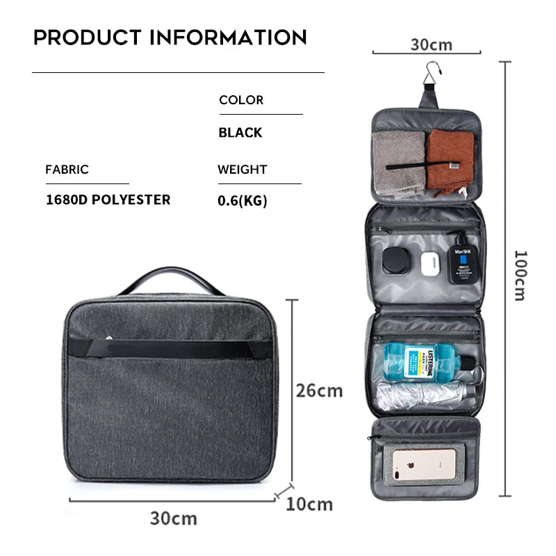 Hanging Toiletry Bag Waterproof 1680D Oxford Travel Cosmetic Organizer with Multiple Compartments and Hook Black