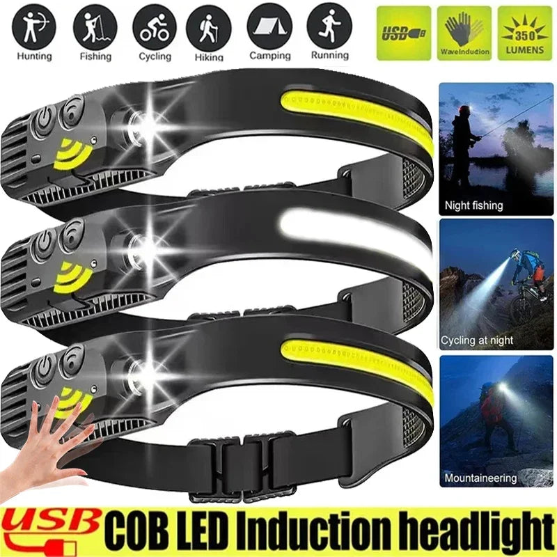 USB Rechargeable LED COB Sensor Headlamp White Light Head Torch Work Lamp Outdoor Waterproof Camping Fishing Lantern Headlight